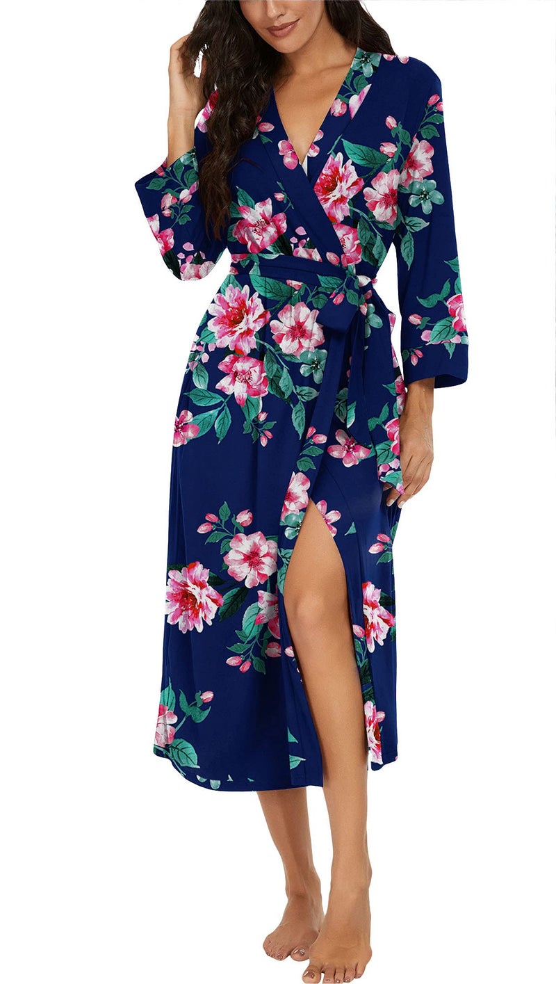 VINTATRE Women Kimono Robes Long Knit Bathrobe Lightweight Soft Knit Sleepwear V-neck Casual Ladies Loungewear FP-Navy Blue-Small - Image 1